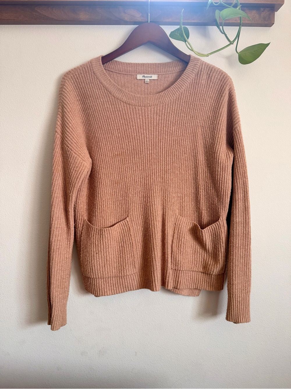 Madewell Ribbed Crewneck Sweater with Front Pockets - Dusty Pink Tan